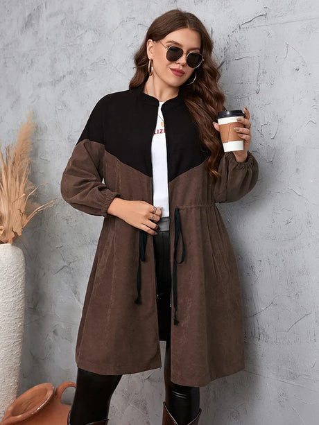 GIBSIE Plus Size Stand Collar Colorblock Corduroy Jacket Women Autumn Casual Drawstring Waist Zip Up Coat Female Outwear 2022