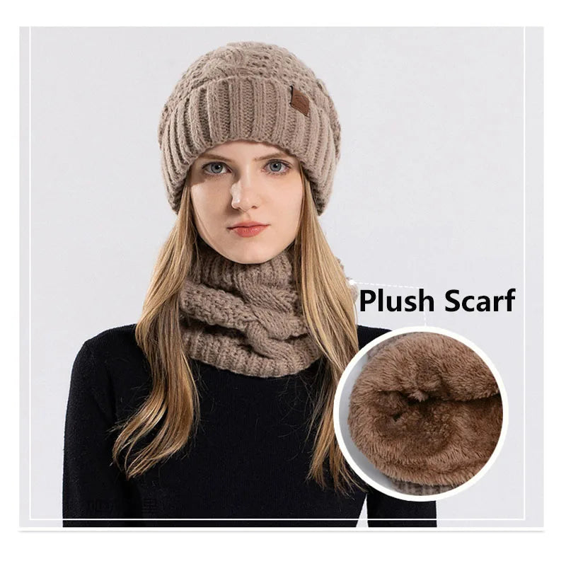 Women Fashion Winter Knitted Hat Scarf Set Fleece Lined Neck Warm Skullies Beanies Female Outdoor Thick Windproof Snow Ski Cap