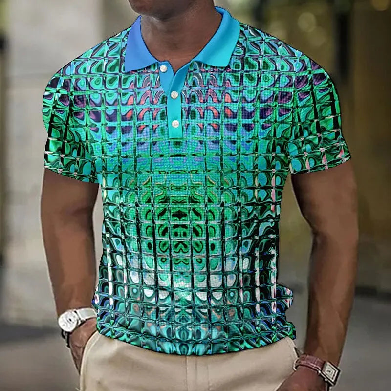 Fashion Men'S Polo Shirts 3d Simulation Metal Plaid Printed Men'S Clothing Summer Casual Short Sleeved Street Designer Tops Tees