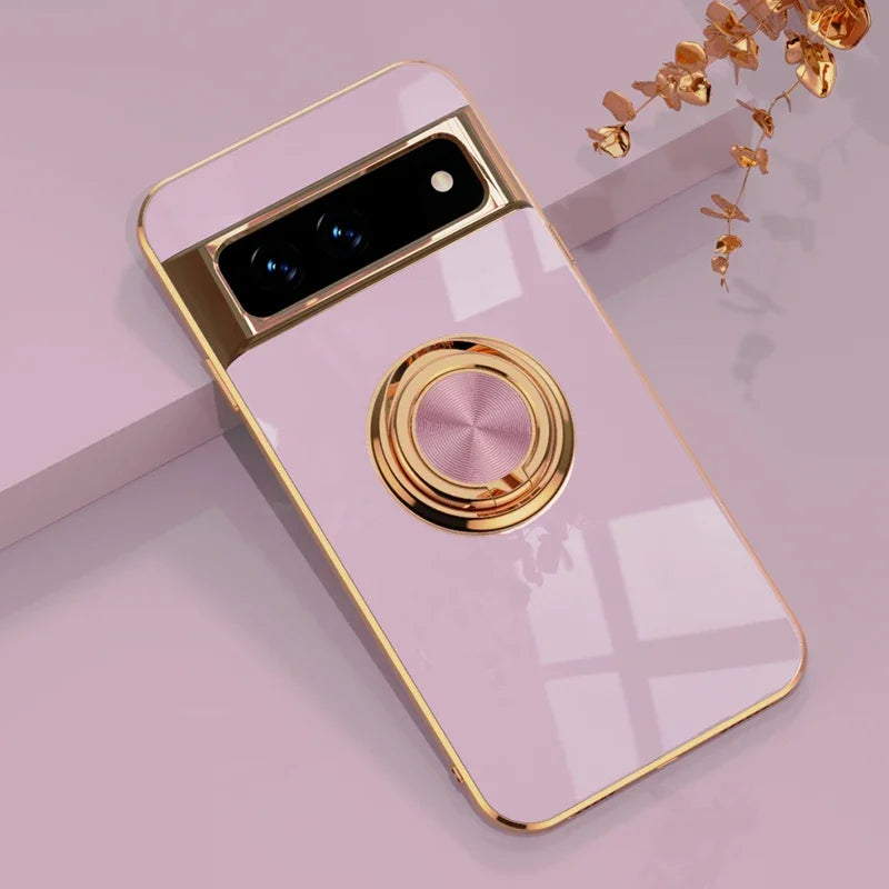 Luxury Plating Silicone Shockproof Phone Case For Google Pixel 8 8A 7 Pro 7A 6A Metal Ring Magnetic Holder Stand Soft Back Cover