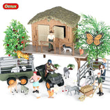 Oenux Farm House Model Action Figures Farmer Motorcycle Cow Hen Pig Animals Set Figurine Miniature PVC Cute Educational Kids Toy