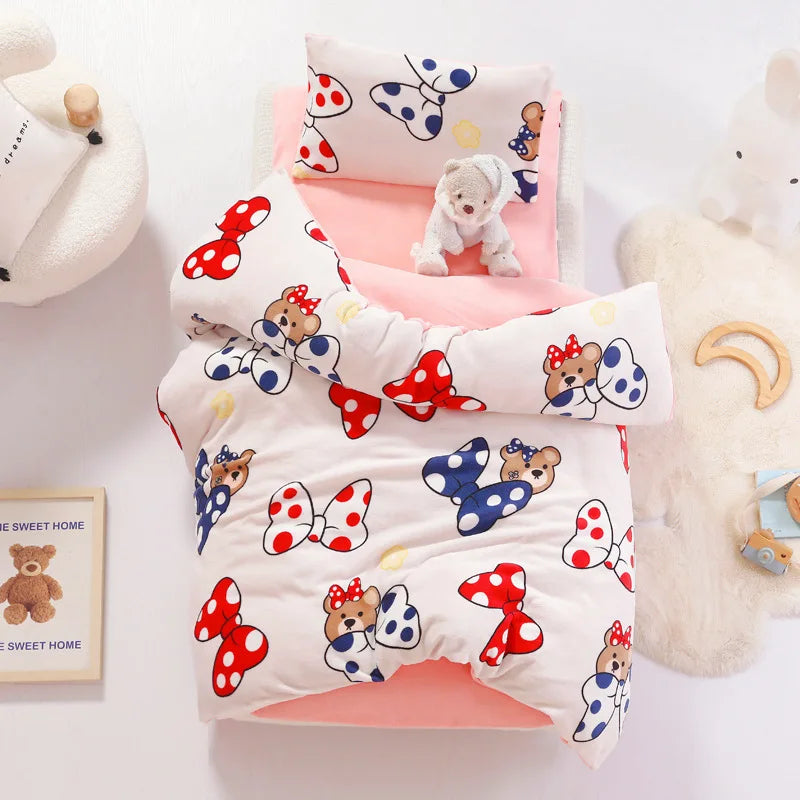 3pcs Cartoon Cotton Crib Linen Kit Baby Coral Fleece Bedding Set Includes Pillowcase Bed Sheet Duvet Cover Without Filler  CP11