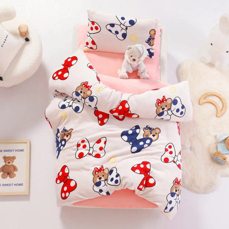 3pcs Cartoon Cotton Crib Linen Kit Baby Coral Fleece Bedding Set Includes Pillowcase Bed Sheet Duvet Cover Without Filler  CP11