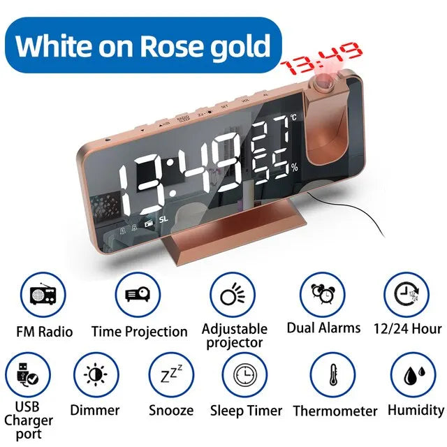 LED Digital Alarm Clock Bedroom Electric Alarm Clock with Projection FM Radio Time Projector Bedroom Bedside Clock