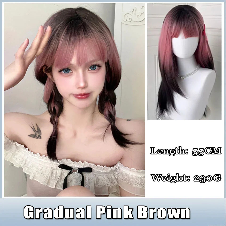 AS  Cosplay Wig With Bangs Synthetic Straight Hair 24 Inch Long Heat-Resistant Pink Wig For Women