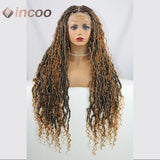 32 inch Butterfly Loc Dark Ginger Full Lace Front Braided Wig Water Wave Curly Wigs Distressed Knotless Box Braids Cornrow Wig