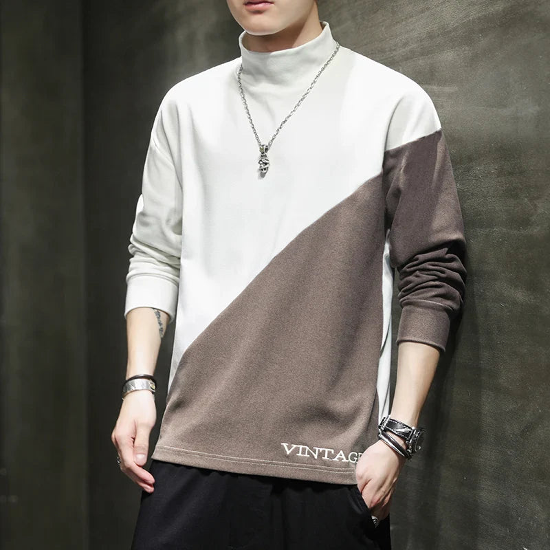 Casual Half High Collar Sweatshirts Men's Clothing Stylish Contrasting Colors Spliced Spring Autumn Letter Embroidery Pullovers