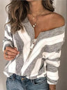 Plus Size Womens Long Sleeve Deep V Neck Zipped Up Hand Knit Striped Sweater Tops Loose Pullover Jumper Tops