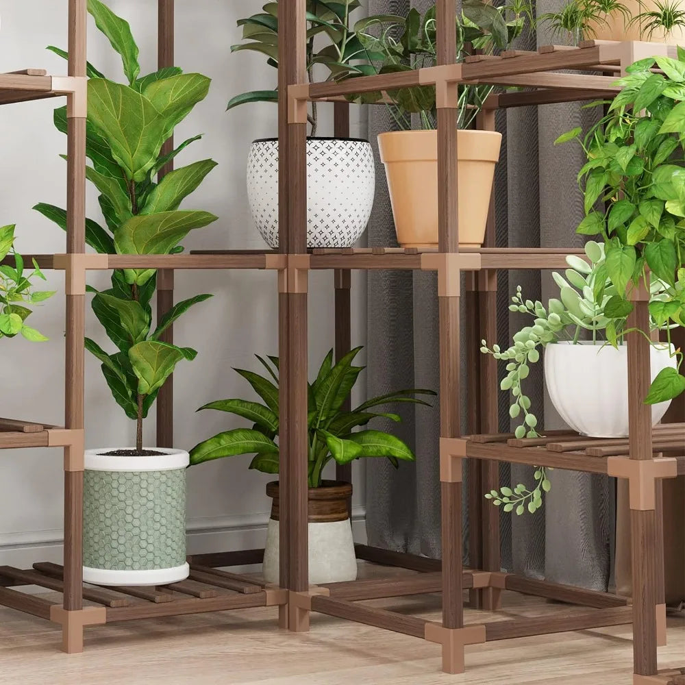 Whonline Plant Stand Indoor, Large Outdoor Rack with 6 Tiers and 13 Potted Holders, Wood Tiered Tall Shelves for Multiple Plants