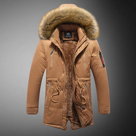 2023 Mens Winter New Windproof Warm Thick Fleece Long Parka Jacket Mens Outwear Fashion Casual Fur Collar Outdoor Hooded Parkas