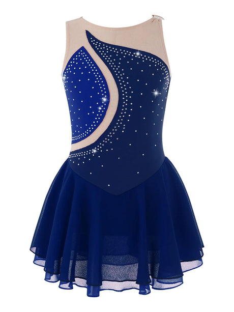 Figure Skating Dress for Kids Girls Stage Performance Costumes Rhinestone Mesh Splice Ballet Dance Dresses Gymnastics Leotards