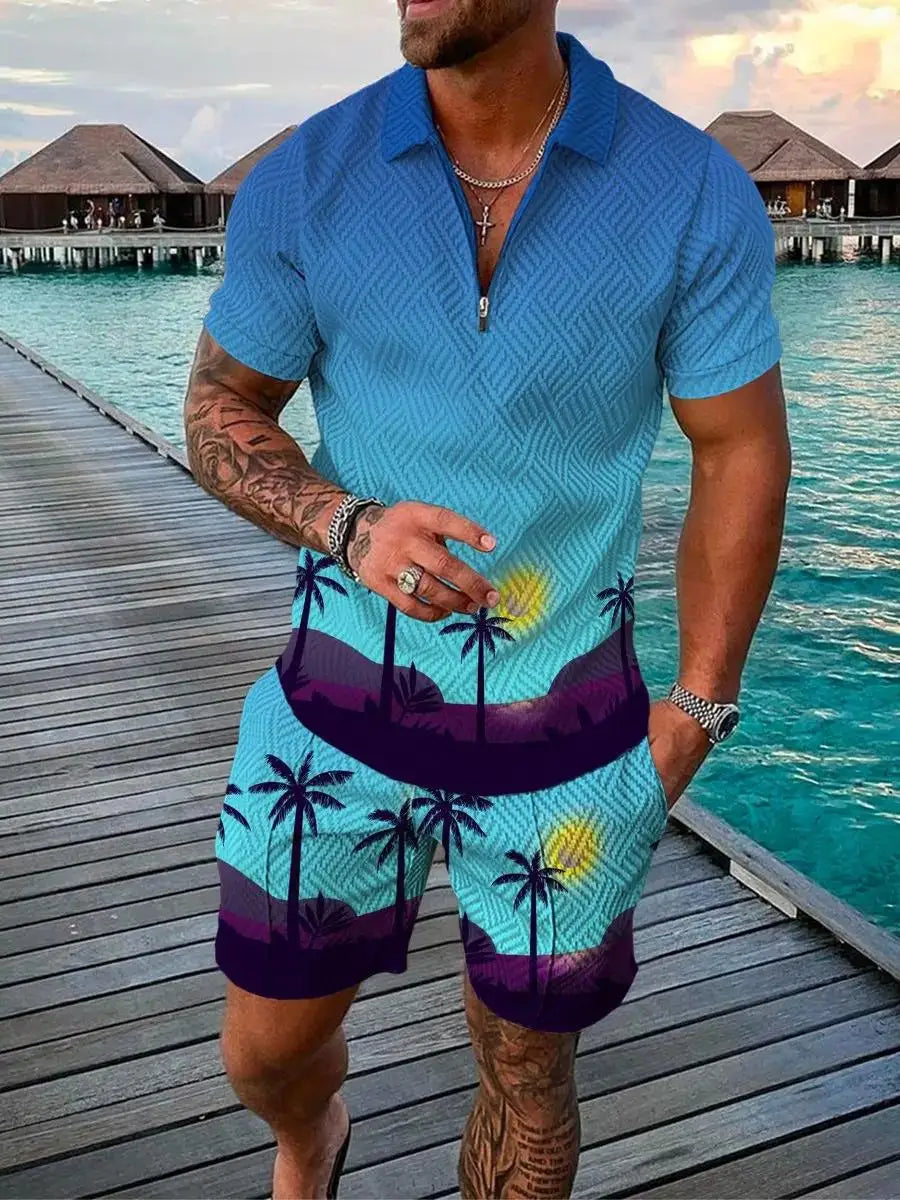 Hawaiian Polo Set Men Tracksuit Sets Summer 3D Beach Outfits Polo Shirt Shorts 2pcs Sets Zipper Coconut Tree Casual man Clothing