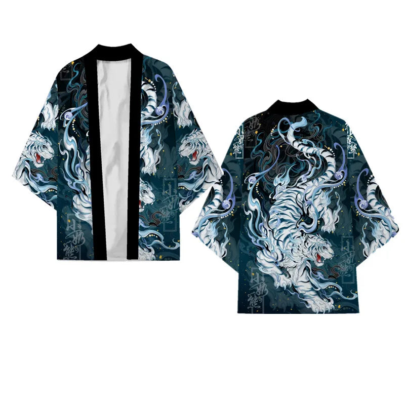 Black Kimono Cardigan Women Men Japanese Obi Male Yukata Men's Haori Chinese Dragon Print Coat Traditional Japan Clothing