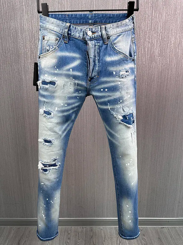 new brand dsq Men Jeans Badge Printed dsq Coolguy Beggar Denim Long Pants Straight Pockets Hole Zipper Button blue jeans pant