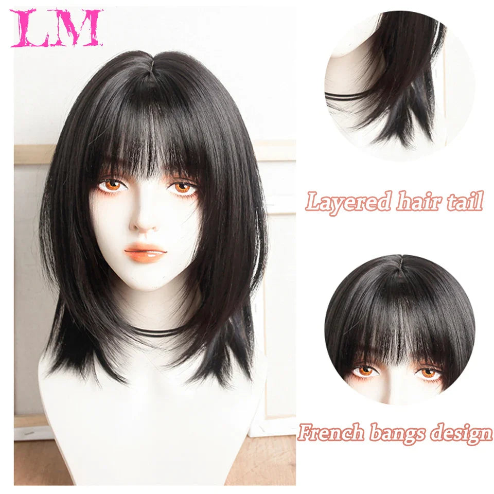 LM Dark Brown Wig Long Wave Wigs for Women Synthetic Hair Wig With Bangs Heat Resistant Party Daily Natural Use