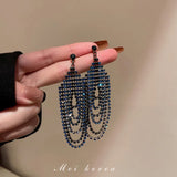 Long Retro Blue Flower Feather Tassel Dangle Earrings for Women 2022 Fashion Crystal Drop Earring Vintage Brincos Jewelry