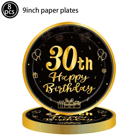 30th 40th Birthday Black Gold Men Women Party Supplies Plates Decoration Disposable Paper Tableware Cups Napkins Vintage Party