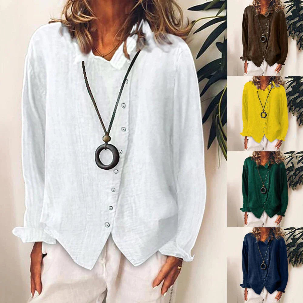 Women's Cotton Solid Long Sleeve Blouse Tops Baggy Button T-Shirt High Quality Clothes Clothing For Plus Size Female 2024