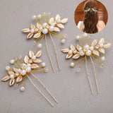 Pearl Flower Hairpin Side Comb Golden Leaf Shaped Alloy Tiaras Wedding Bride Insert Hair Clips Hair Jewelry Bride Headwear