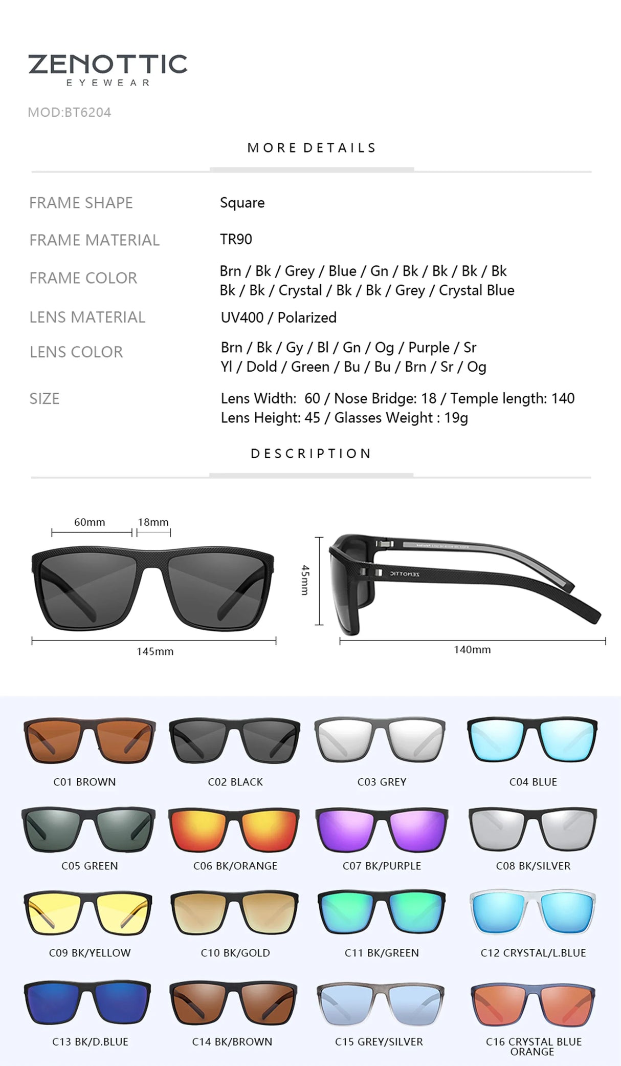 ZENOTTIC Fashion Polarized Sunglasses Shade for Women Men Lightweight TR90 Frame UV400 Protection Square Sun Glasses 2024 2023