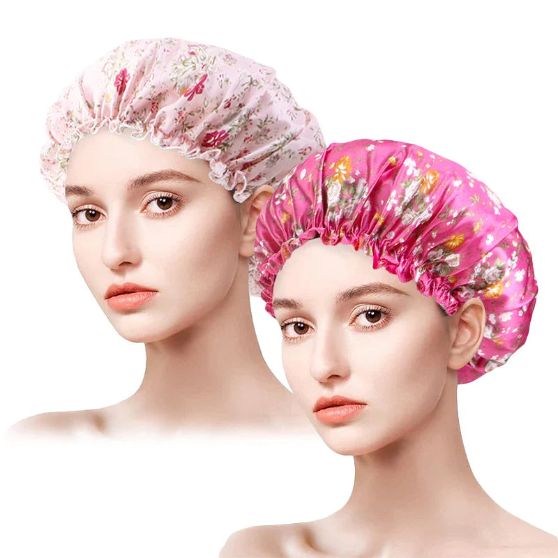 2PCS/LOT Satin Printed Bonnets Women Fashion Countryside Nightcap Flower Edge Home Cap Elastic Beauty And Hair Care Make Up Hat