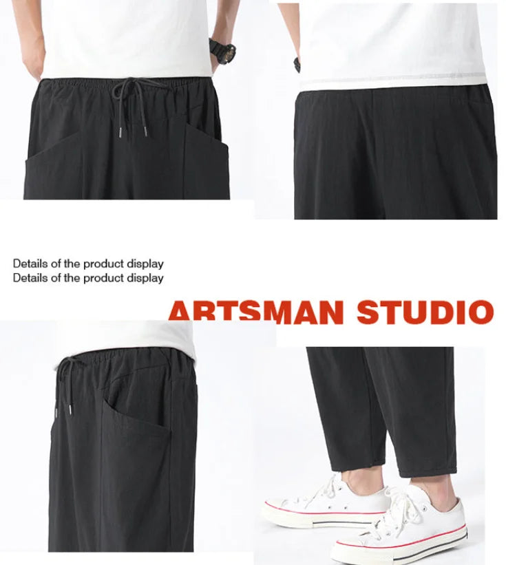 100% Cotton Summer Casual Pants Man Trendy Japanese Cropped Pants Loose Pants Men 5xl