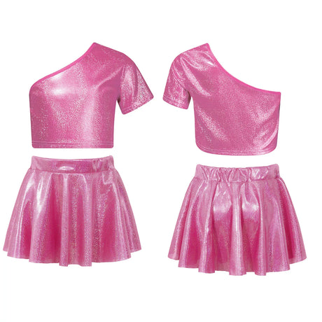 Kids Girls Street Hip Hop Dance Costumes Cheerleading Outfit Metallic Shiny One Shoulder Crop Top with Skirt Set Girl Dance Wear