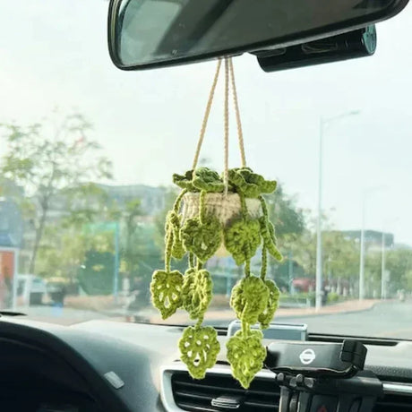 NEW Cute Potted Plants Crochet Car Basket,Hanging Plant Crochet for Car Decor,Car Ornament Rear View Mirror Hanging Accessories