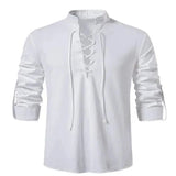 2023 New Men's V-neck shirt T-shirt Fashion Vintage Thin Long Sleeve Top men Casual Breathable Viking Front Lace Up man Shirts