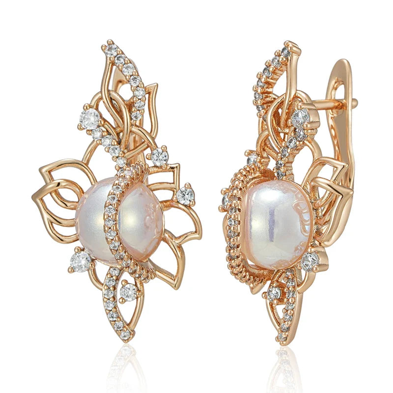 Kinel Luxury 585 Rose Gold Drop Earrings for Women Unique Geometric Hollow Bridal Accessories Natural Zircon Pearl Jewelry Gift