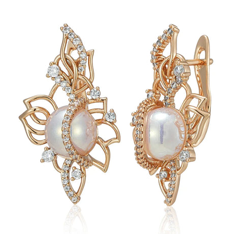 Kinel Luxury 585 Rose Gold Drop Earrings for Women Unique Geometric Hollow Bridal Accessories Natural Zircon Pearl Jewelry Gift