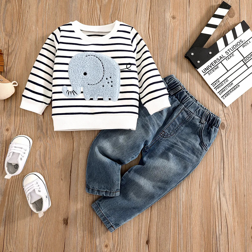 0-24 Months Spring Autumn New Boy Girl And Toddler Elephant Stripe Top Casual Cute Print Jeans Set