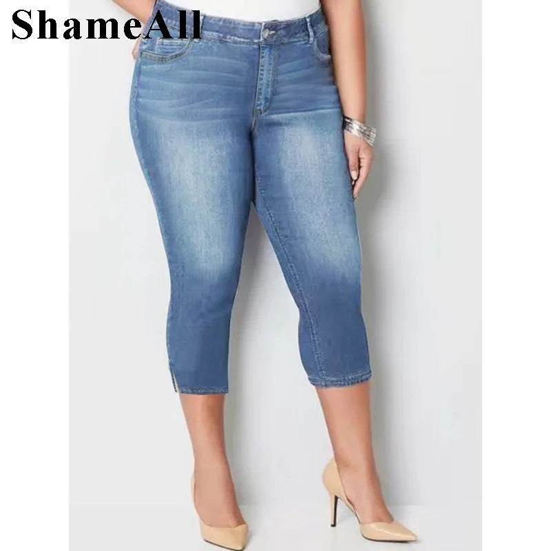 Women's Plus Size Casual Jeans With Pockets,  Button Up Split Hem Skinny Capri Jeans