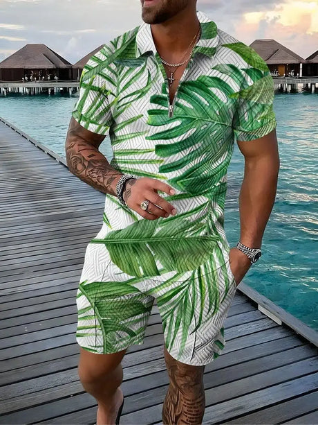 Hawaiian Polo Set Men Tracksuit Sets Summer 3D Beach Outfits Polo Shirt Shorts 2pcs Sets Zipper Coconut Tree Casual man Clothing