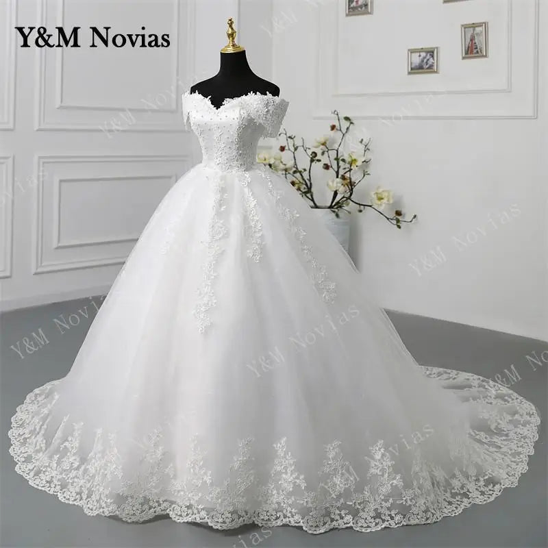 Y&M Novias Off Shoulder Plus Size Vestido De Noiva 2024 Wedding Dress Long Train or Floor Appliqes Pearls Bridal Tulle Mariage