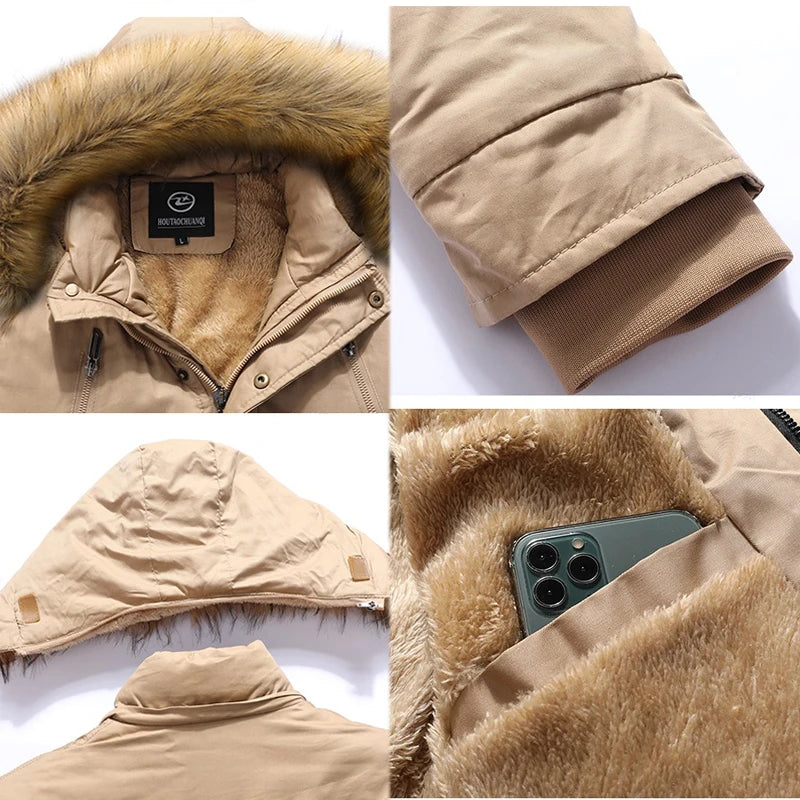 2023 Mens Winter New Windproof Warm Thick Fleece Long Parka Jacket Mens Outwear Fashion Casual Fur Collar Outdoor Hooded Parkas