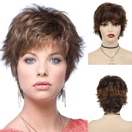 GNIMEGIL Synthetic Short Pixie Cut Wig Women Natural Hairstyle Bangs Wig Blonde Mix Brown Soft Straight Wig for Chemo Patient