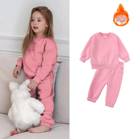 2023 New Arrivals Little Girls Clothing Tracksuit 2 Pieces Set Warm Fleece Plain Top Sweatshirt+Pants Loungewear Suit For Kids