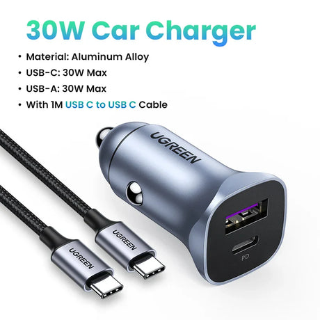 UGREEN 30W Car Charger USB Type C Fast Charger QC 4.0 3.0 PD 20W Quick Charging for iPhone 15 14 13 Xiaomi Mobile Phone Charger