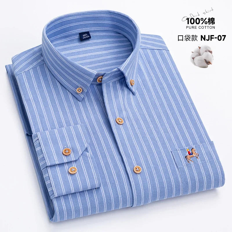 M~6XL Men's Shirt Long Sleeve Cotton Oxford Fashion Casual One Pocket Regular Fit Striped Business Formal Shirt