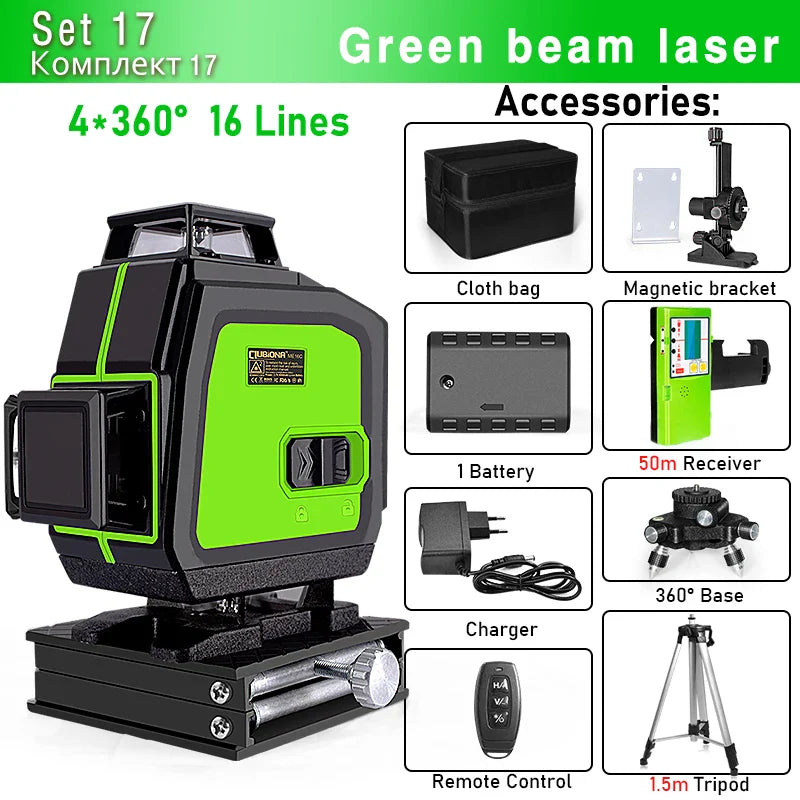 Clubiona 16/12 lines professional Super powerful Green Lines Laser Level With 4000mAh Li-ion Battery Remote Control pulse mode