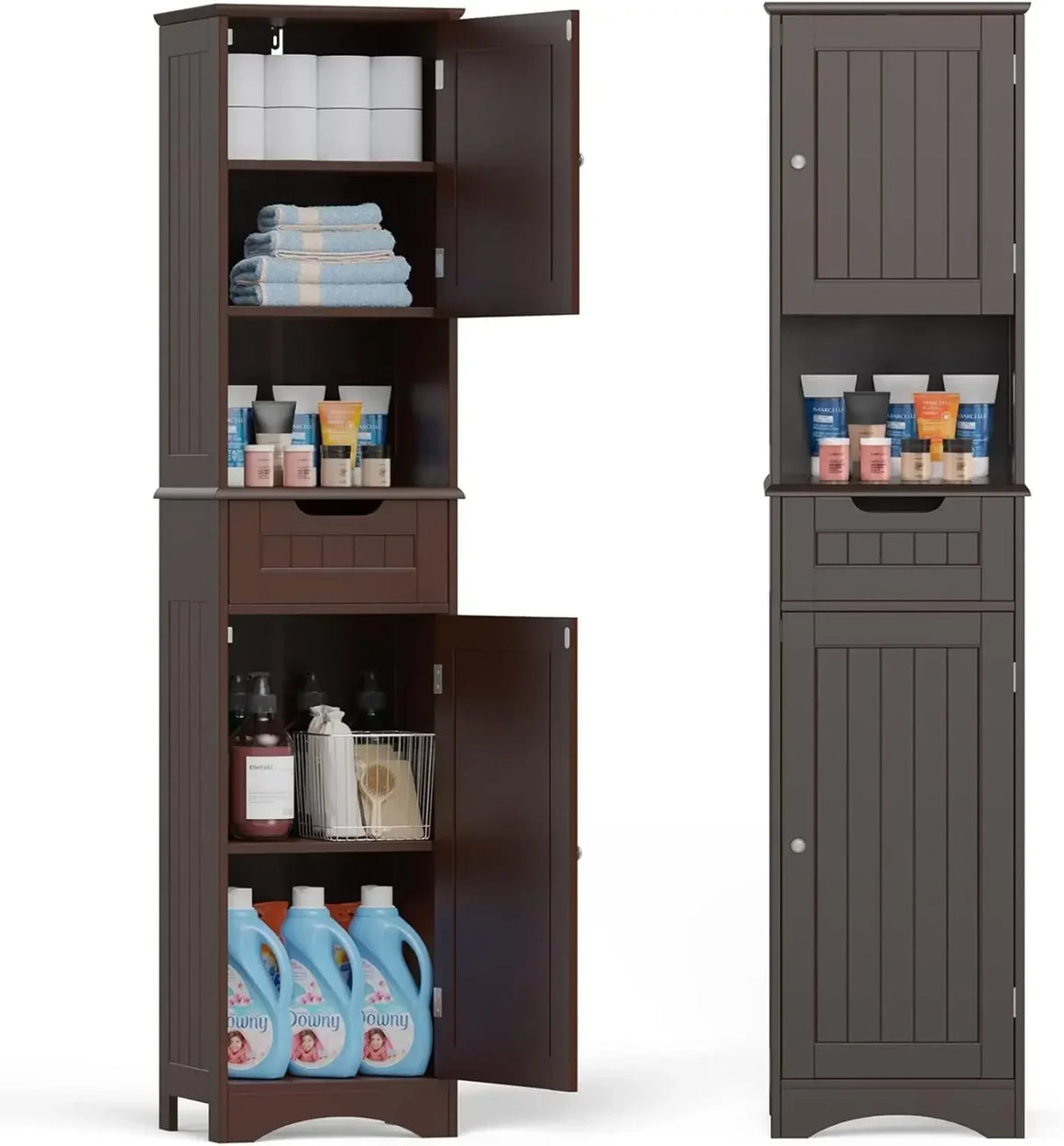 Tall Bathroom Storage Cabinet W/ 2 Doors & 1 Drawer, Adjustable Shelves, Anti-Tipping,White, 67" H Tall Bathroom Storage Cabinet