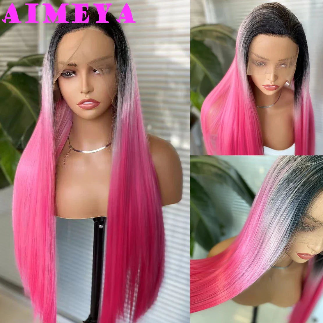 AIMEYA Ombre Blue Synthetic Lace Front Wigs for Women Dark Roots Pink Blue Wig Long Silky Straight Colorful Wigs Ombre Pink Wig