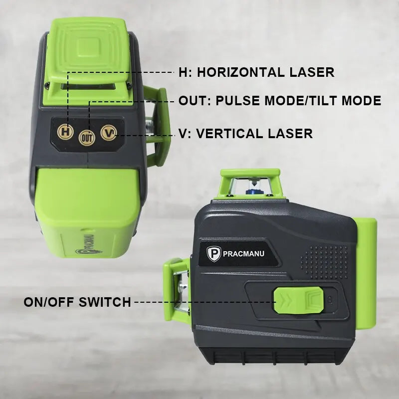 Pracmanu 12 Lines 3D Laser Level Self-Leveling Horizontal And Vertical Cross Line Super Powerful Green Beam