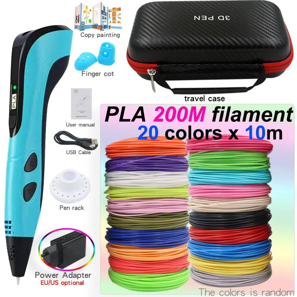 Kids' 3D Printing Pen Set with LED Display - Includes 200M PLA Filament, Power Adapter, and Storage Case - Perfect Gift for Christmas or Birthdays!