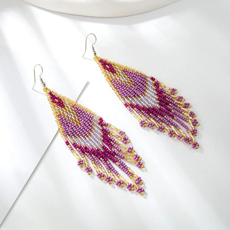 Europe and America Bohemia Women's Jewelry Accessories Geometric Colorful Handmade Beads Long Tassel Beaded Weave Boho Earrings