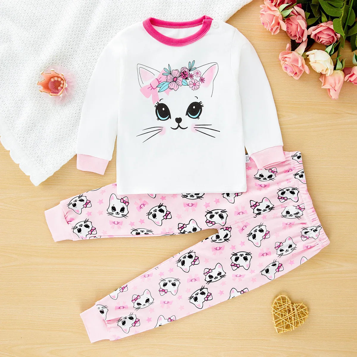 hibobi Spring 2-Piece Cute Cat Girl Round Neck Loungewear Set Comfortable Fashion Pajama Pants Set For Girls Aged 1-6 Years Old