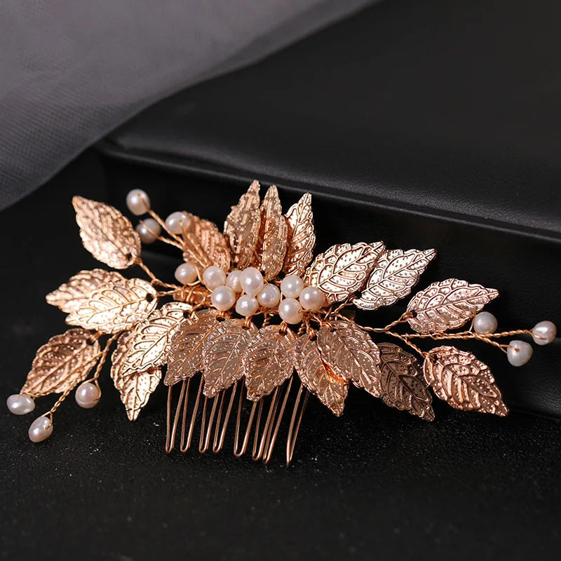 Gold Color Pearl Leaf Hair Comb Clip Hairpin For Women Bridal Wedding Hair Accessories Jewelry Comb Clip Pin Headband Gift