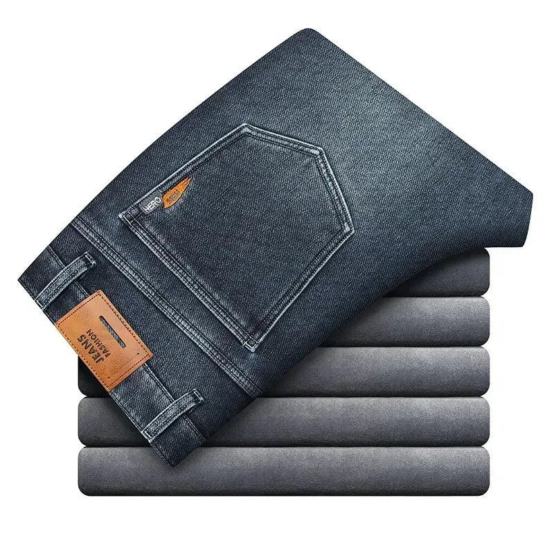 2023 Winter New Men's Warm Baggy Fleece Jeans Long Pants Business Fashion Thicken Trousers Stretch Brand Denim Recreation
