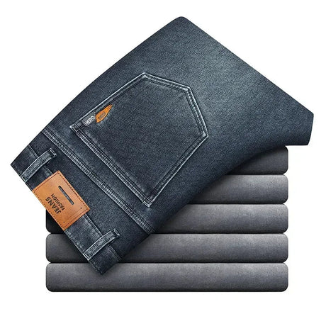 2023 Winter New Men's Warm Baggy Fleece Jeans Long Pants Business Fashion Thicken Trousers Stretch Brand Denim Recreation